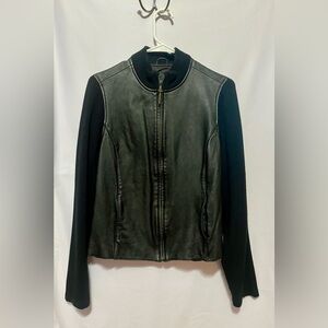 Jaclyn Smith Black Leather Jacket with Knit Sleeves